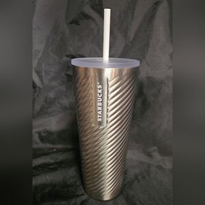 Starbucks Silver Ribbed Stainless Steel Tumbler with Lid and Straw
